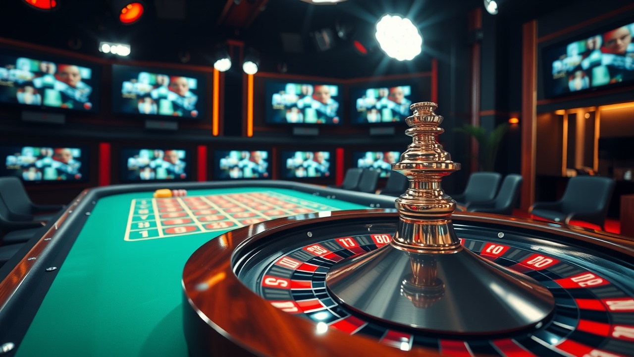 Masă de ruletă în studioul live casino, cu roata în mișcare și monitoare în fundal