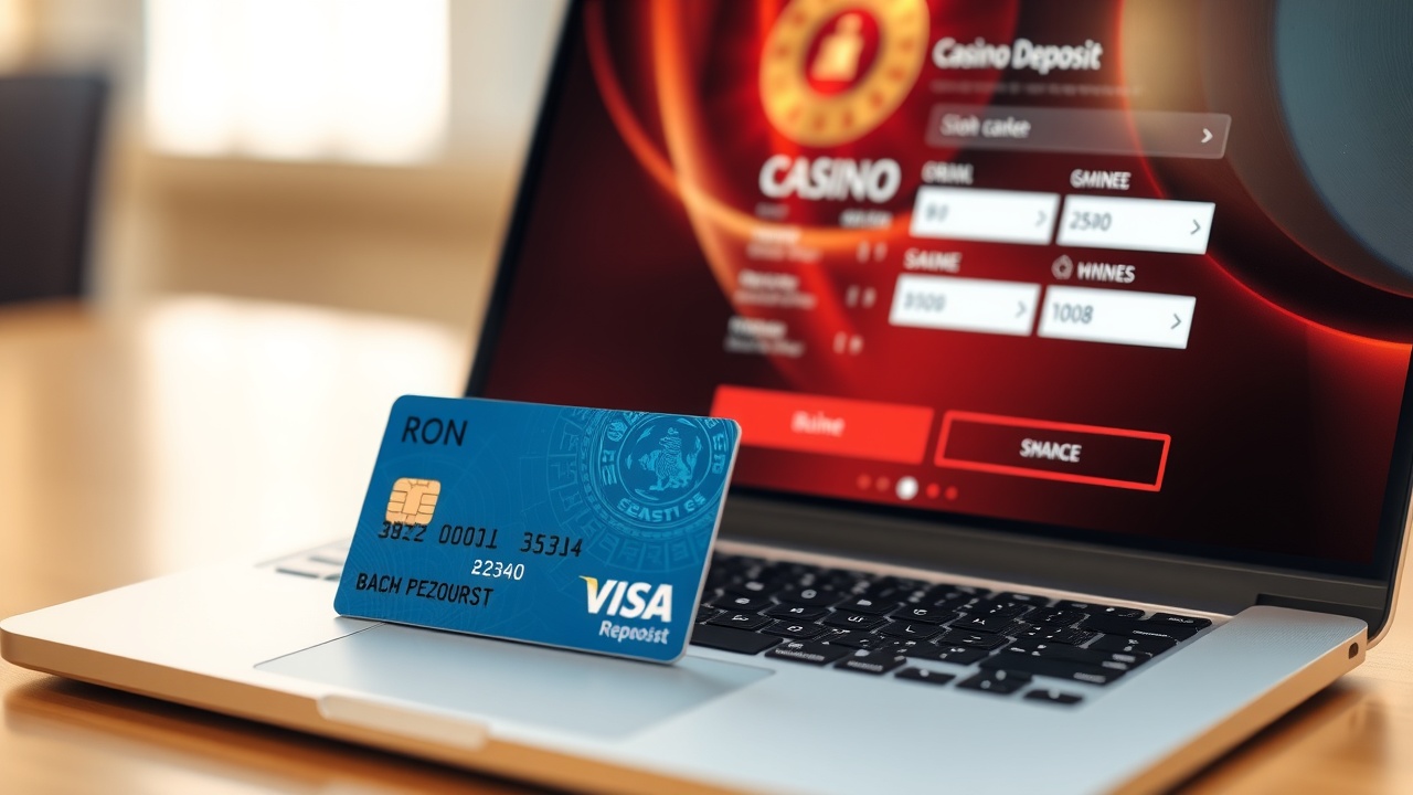 Card bancar lângă ecranul de depunere al cazinoului online, câmpuri în RON