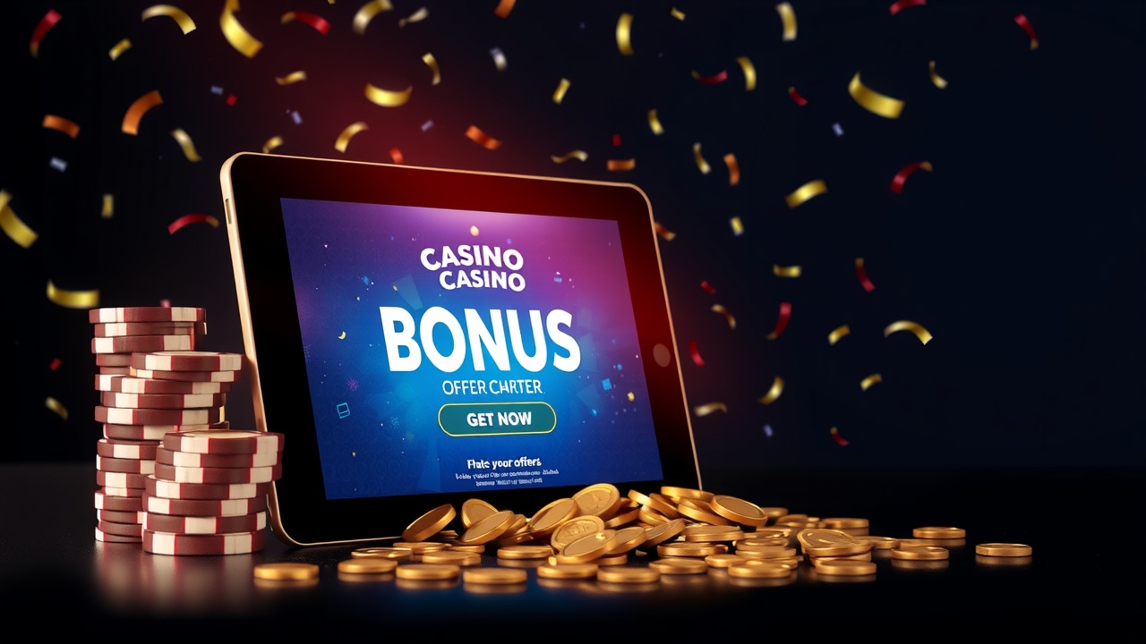 Jetoane casino și monede aurii lângă tabletă cu ecran de bonus la Ultrabet Casino